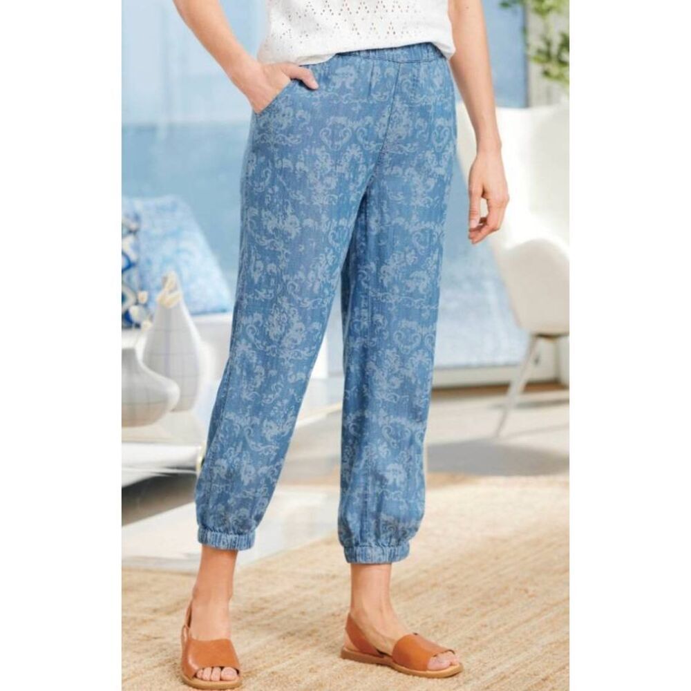 NorthStyle Damask Print Jogger Chambray Pants Sz L New Lightweight Casual Comfy